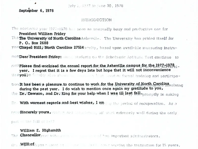 1977-1978 Highsmith Report To UNC President